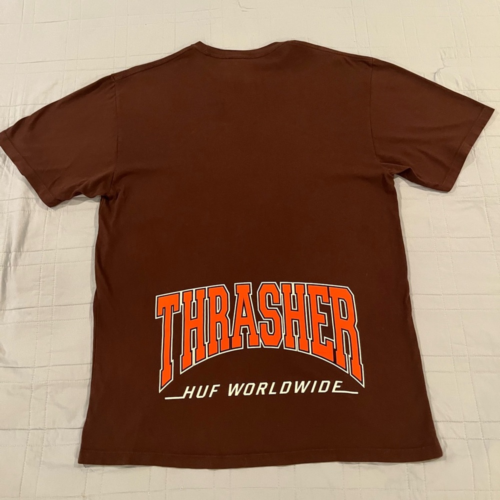 Thrasher HUF Mens Shirt Large Brown Logo Graphic Print Worldwide Crew Neck Tee
